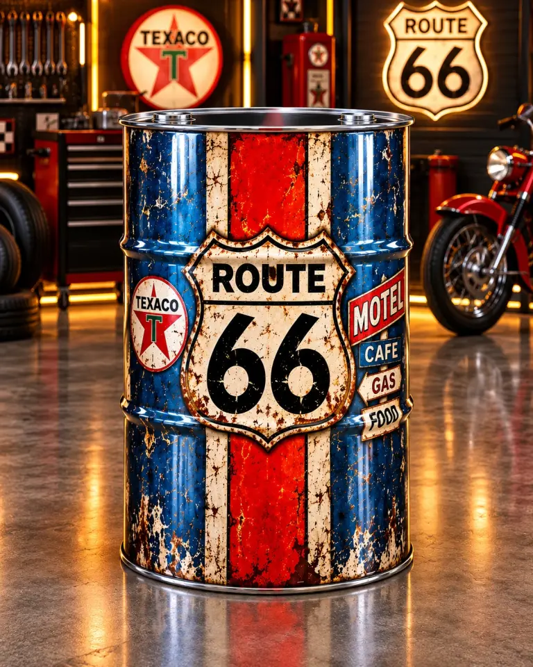 Route 66 Dekoratif Varil – Vintage Amerikan Garaj Dekorasyonu