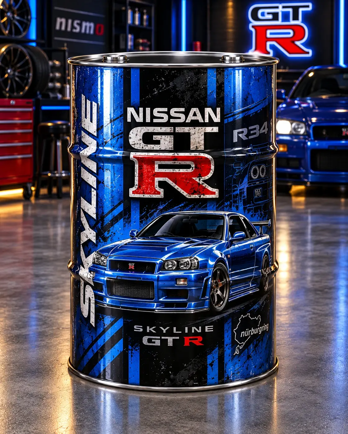 Nissan Skyline GT-R R34 Dekoratif Varil – JDM Garaj Dekorasyonu
