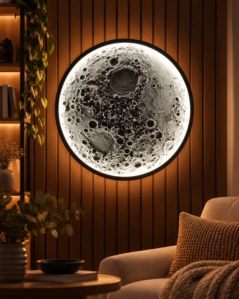 3D Ay Duvar Dekoru – LED Işıklı Dolunay Tasarımı