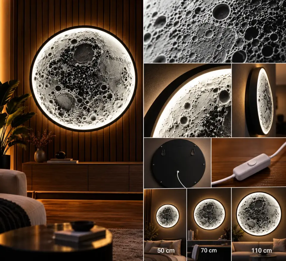 3D Ay Duvar Dekoru – LED Işıklı Dolunay Tasarımı