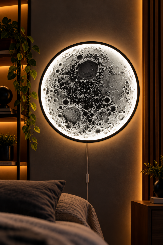 3D Ay Duvar Dekoru – LED Işıklı Dolunay Tasarımı 70 * 70 CM