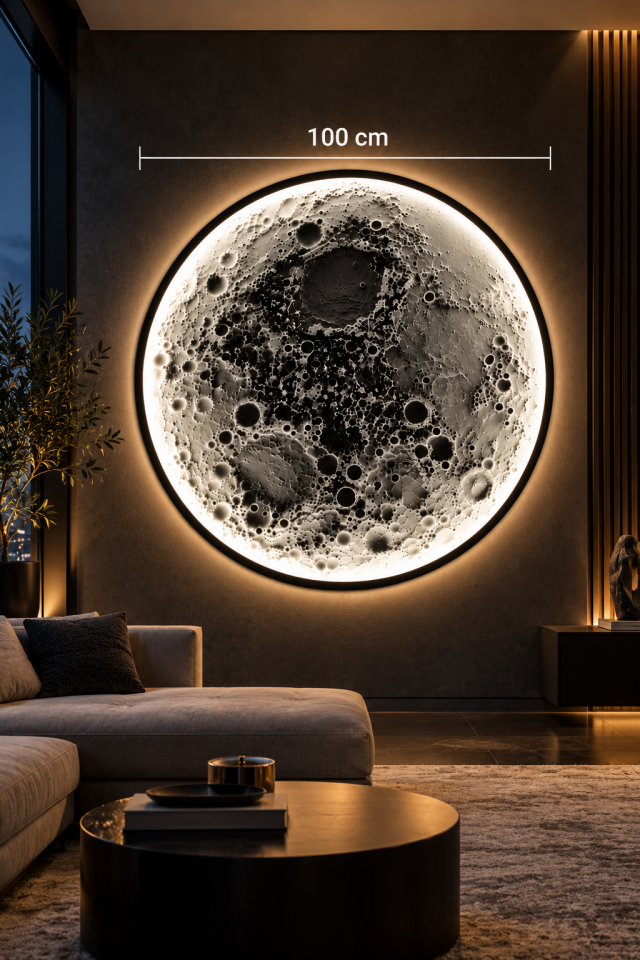 3D Ay Duvar Dekoru – LED Işıklı Dolunay Tasarımı 100 * 100 CM