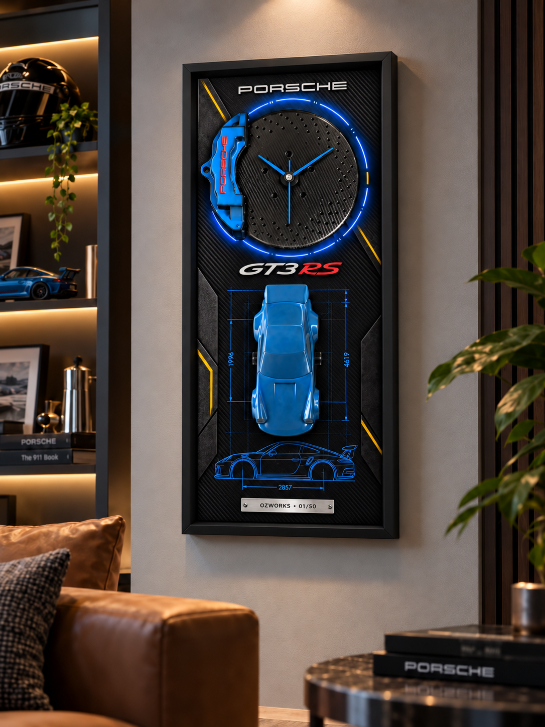 Porsche 911 GT3 RS – LED Işıklı 3D Fren Diski Saatli Dekoratif Tablo
