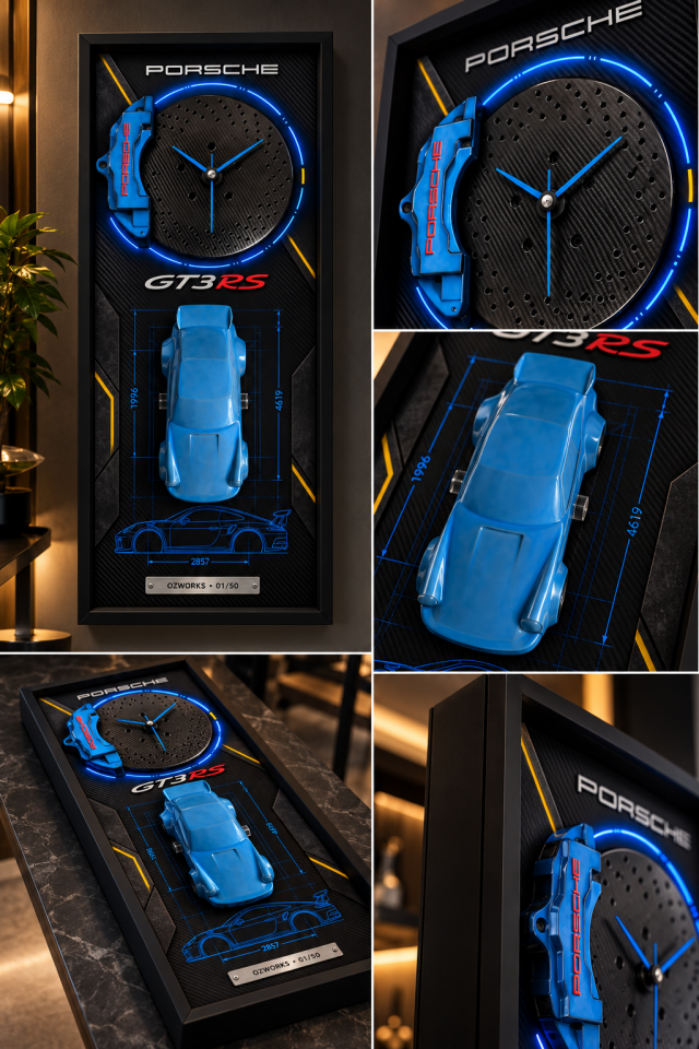 Porsche 911 GT3 RS – LED Işıklı 3D Fren Diski Saatli Dekoratif Tablo