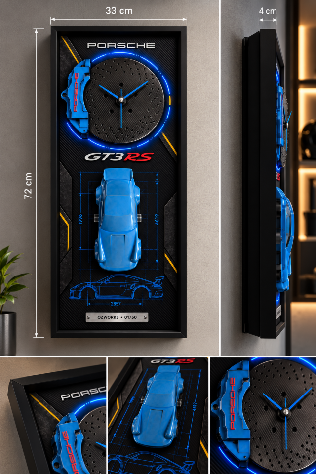 Porsche 911 GT3 RS – LED Işıklı 3D Fren Diski Saatli Dekoratif Tablo