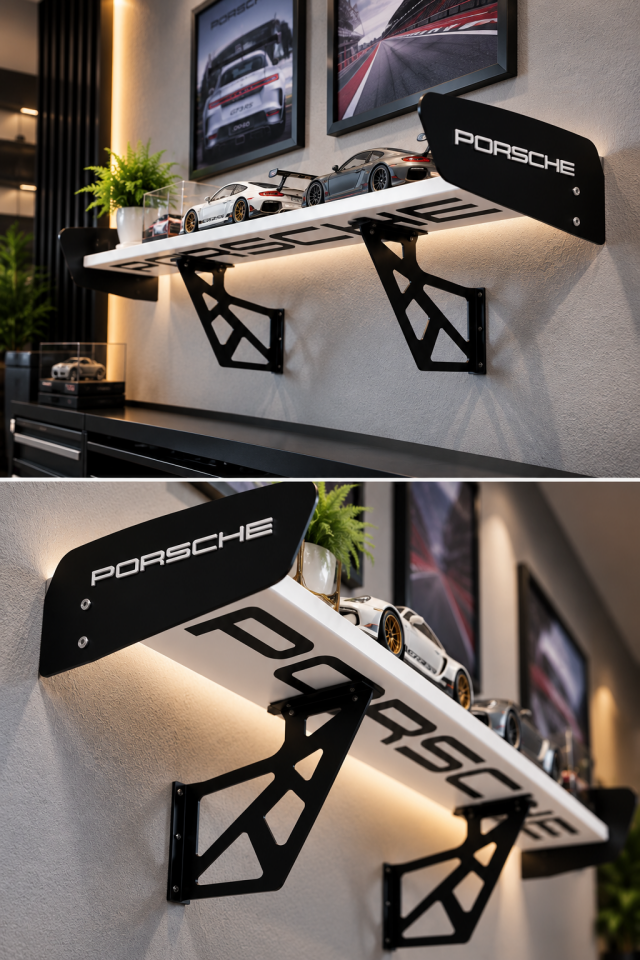 Porsche Spoiler Duvar Rafı | Beyaz & Siyah – OZWORKS