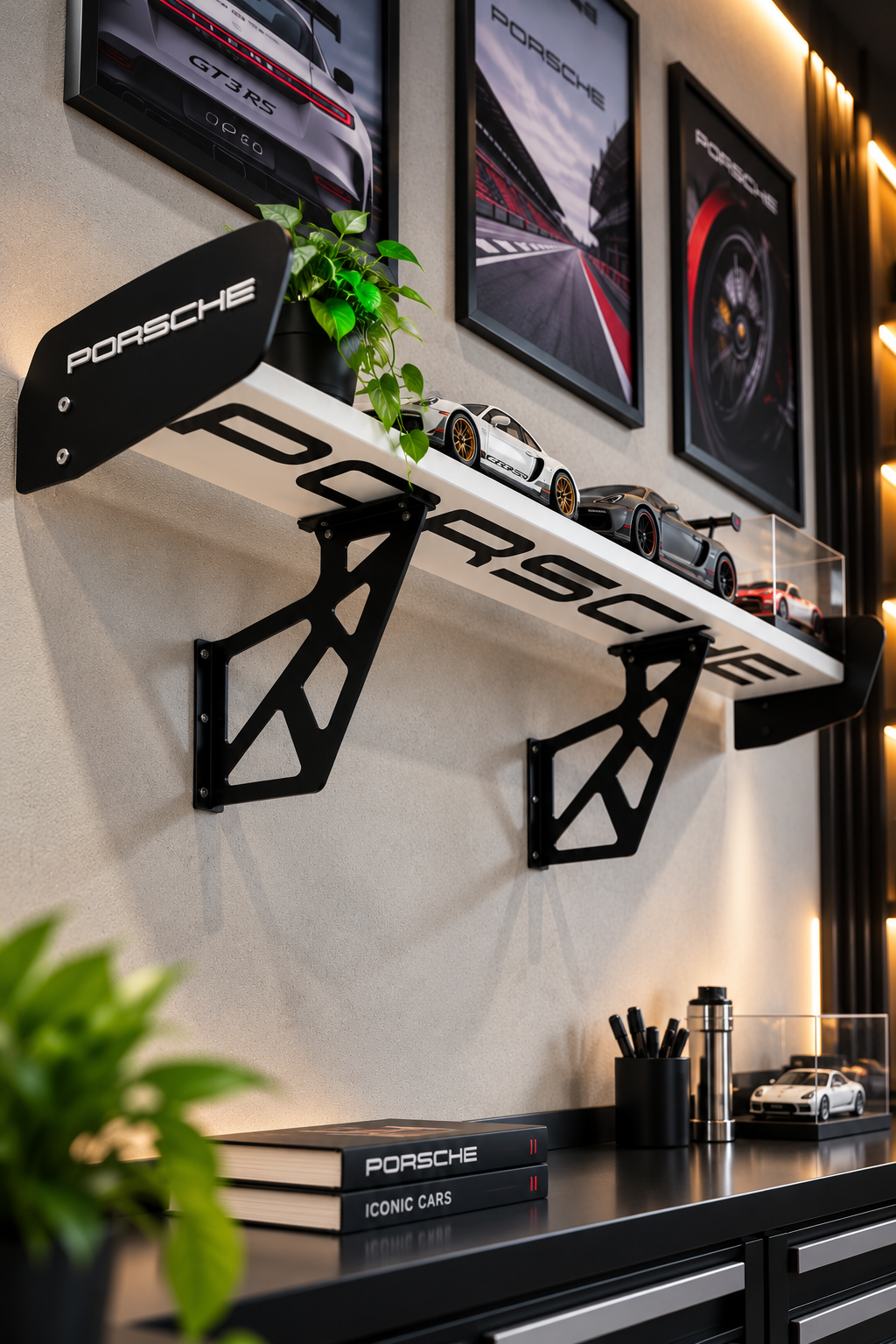 Porsche Spoiler Duvar Rafı | Beyaz & Siyah – OZWORKS