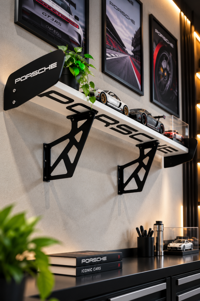 Porsche Spoiler Duvar Rafı | Beyaz & Siyah – OZWORKS