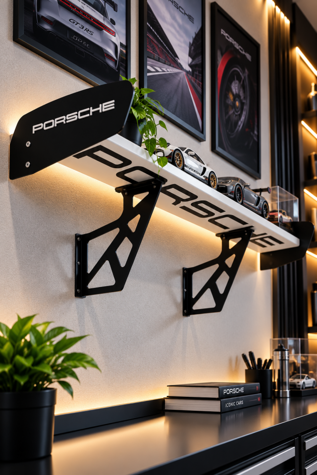 Porsche Spoiler Duvar Rafı | Beyaz & Siyah – OZWORKS